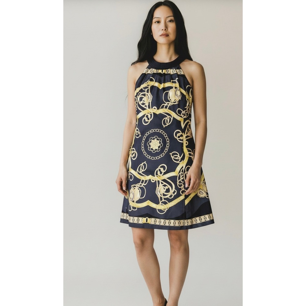 J. McLaughlin‎ Navy Yellow Silk Equestrian Chain Halter Shift Dress Pockets 2